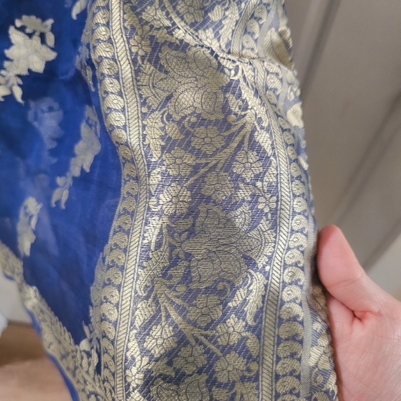Dupatta Royal Light Blue Floral Silk Scarf 76'' L x 41'' W India Fancy Chiffon - Picture 4 of 10